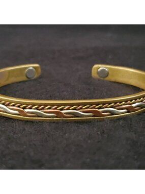 Vintage Copper Cuff Bracelet Gold Tone Braided Twisted Magnets 7"